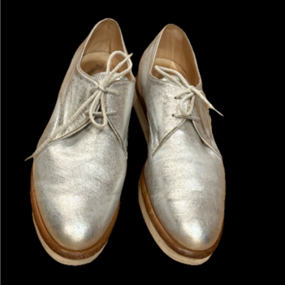 Tod’s Silver Metallic Leather Shoes Platform Lace Up Oxfords Size 37.5/7
